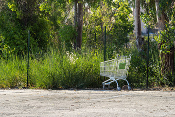 Empty shopping cart in a supermarket parking