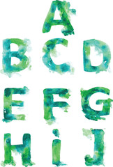 Alphabet , hand- painted blue-green and turquoise shades on a wh