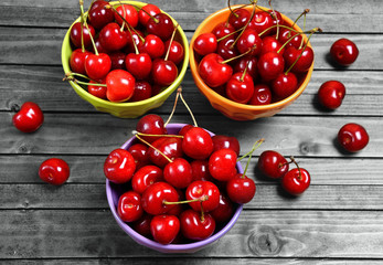 Bowl with cherries on wooden table