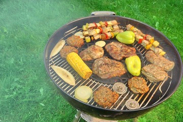 BBQ Grill With Steaks, Kebabs And Vegetables Top View
