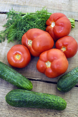 fresh vegetables, cucumbers, tomatoes and fennel on wooden background