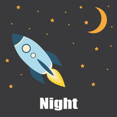 rocket in the night sky with clouds and sun. vector. isolated