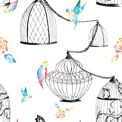 vintage seamless pattern of cell circuits, watercolor birds, lea