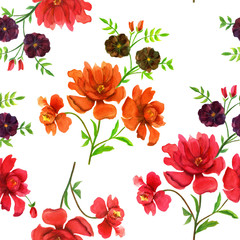 Retro-styled watercolor flowers seamless background pattern