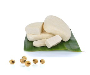 tofu cheese  and soy beans on white background
