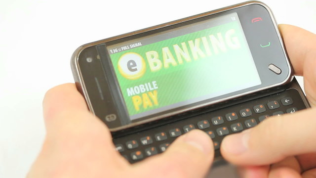 Mobile eBanking - smartphone screen and keyboard while the user is logging into his E-banking account, starting an online payment, checking bank account balance and logging out