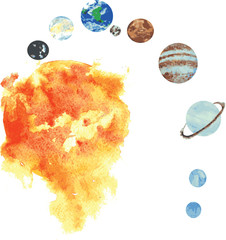 all the planets of the solar system , hand -drawn watercolor - S © madamsaffa
