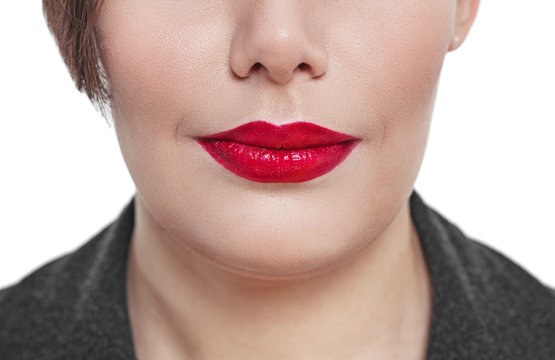 Closeup view of plus size woman face isolated