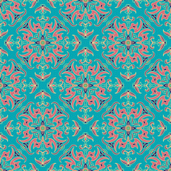 Hand drawing zentangle mandala color seamless parteern. Italian majolica style