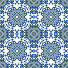 Hand drawing zentangle mandala color seamless parteern. Italian majolica style