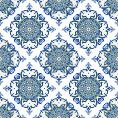 Hand drawing zentangle mandala color seamless parteern. Italian majolica style