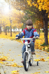 boy riding a bicycle in autumn park