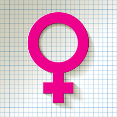 Female icon - Venus vector symbol with shadow pink  on a checkered pattern background