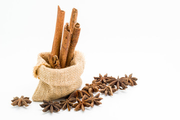 Cinnamon sticks in sack bag with star anise
