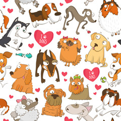 Adorable seamless pattern with dogs and hearts