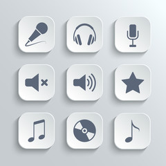 Media icons set - vector white app buttons