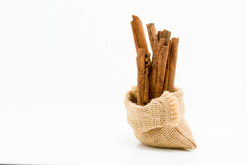 Cinnamon sticks in sack bag,