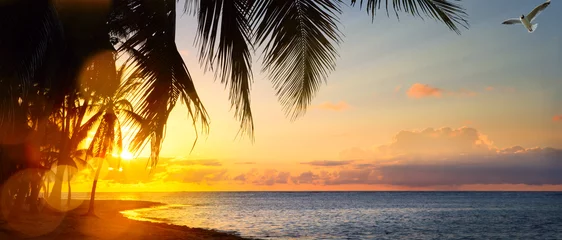 Fototapeten Kunst Schöner Sonnenaufgang über dem tropischen Strand © Konstiantyn