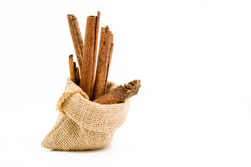 Cinnamon sticks in sack bag,
