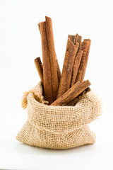 Cinnamon sticks in sack bag,