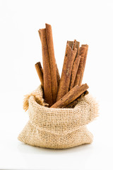 Cinnamon sticks in sack bag,