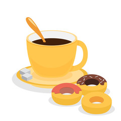 Donuts with coffee. Flat vector