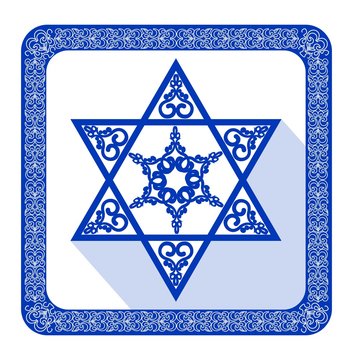 Star of David decoration tile with geometric vintage yew ornament in blue design, eps10 vector. Religious motif in modern flat d