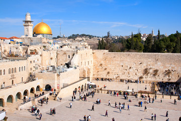 Fototapeta premium Ściana Płaczu i Kopuła na Skale w Jerozolimie, Izrael