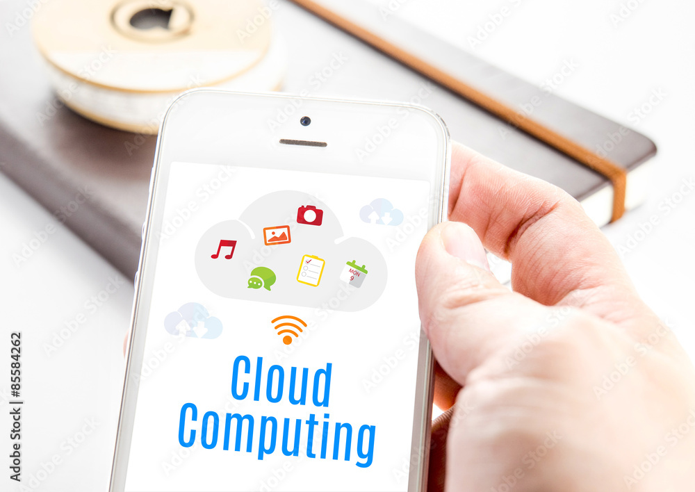 Poster close up hand holding smart phone with cloud computing word and