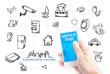 Hand holding smart phone with Internet of things (IoT) word and