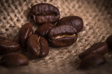 Coffee beans roasted in jute sack
