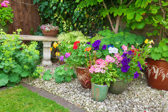 Garden with containers full of colorful flowers