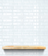 Empty Wooden shelf at white tile ceramic wall,Template mock up f