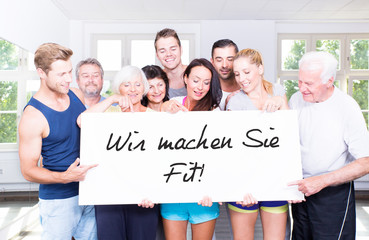 Sportgruppe mit Werbebanner
