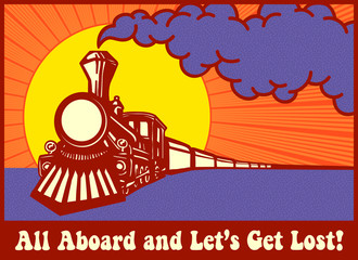 All aboard and let's get lost! Retro puffing steam train engine at sunset, express train