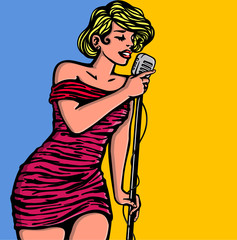 Pretty glamorous pin-up blonde girl singing passionately and feelingly with vintage microphone, female pop or jazz music singer with tight short strapless pink dress