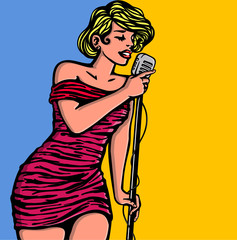 Naklejka premium Pretty glamorous pin-up blonde girl singing passionately and feelingly with vintage microphone, female pop or jazz music singer with tight short strapless pink dress