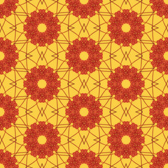 Print Seamless Pattern. Red Mandala Flowers with Yellow background.