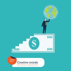 100 dollar bill stairs and man with the world.