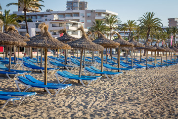 лежаки и зонтики на песке пляжа