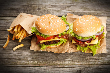 Delicious hamburger and fries