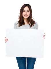Fototapeta premium Woman show with white banner