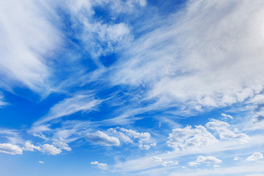 Horizontal image of white clouds on blue spring sky background
