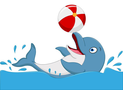 Happy dolphin cartoon playing ball