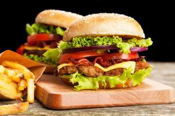 Delicious hamburger and fries