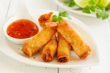 Spring rolls with shrimp with sweet chili sauce. Asian cuisine.