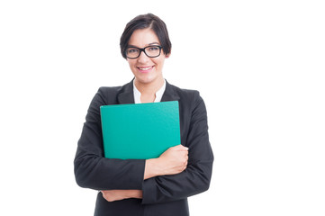 Naklejka premium Happy and friendly woman holding a file folder