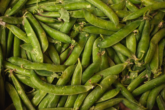 green pods with peas as background