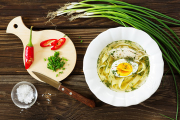 Homemade chicken soup with noodles and egg.