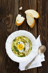 Homemade chicken soup with noodles and egg.